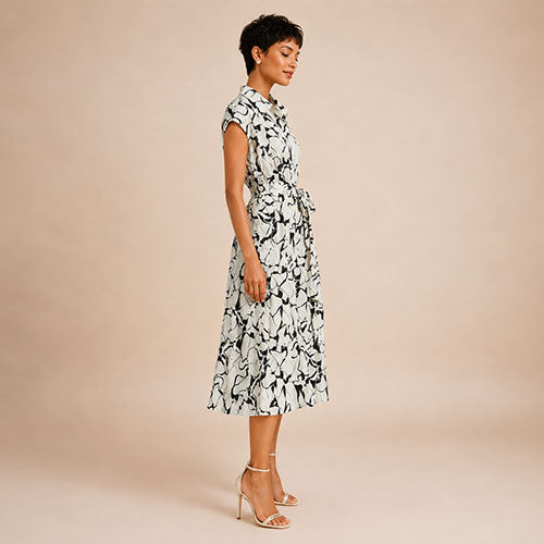 Helen - Abstract Print Silk Shirt Dress Black and White | The Silk Avenue