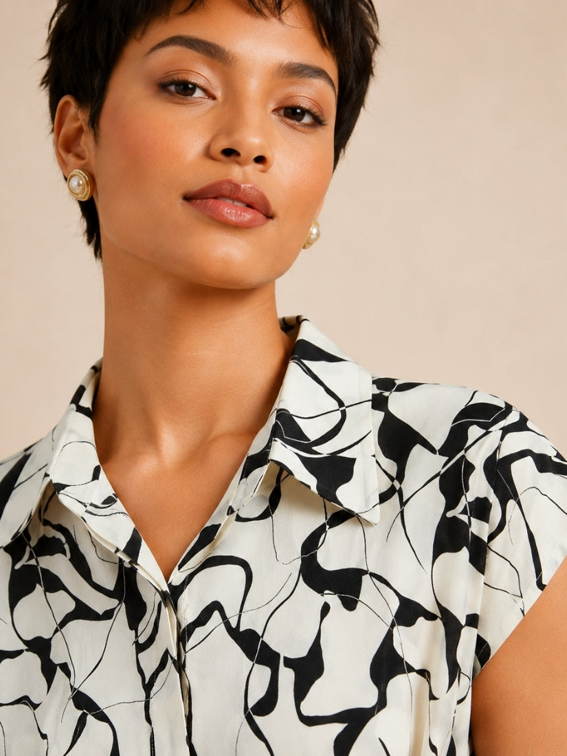 Helen - Abstract Print Silk Shirt Dress Black and White | The Silk Avenue