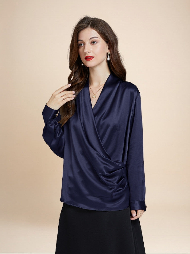 Hespera - Navy Wrap V-Neck Silk Blouse | The Silk Avenue