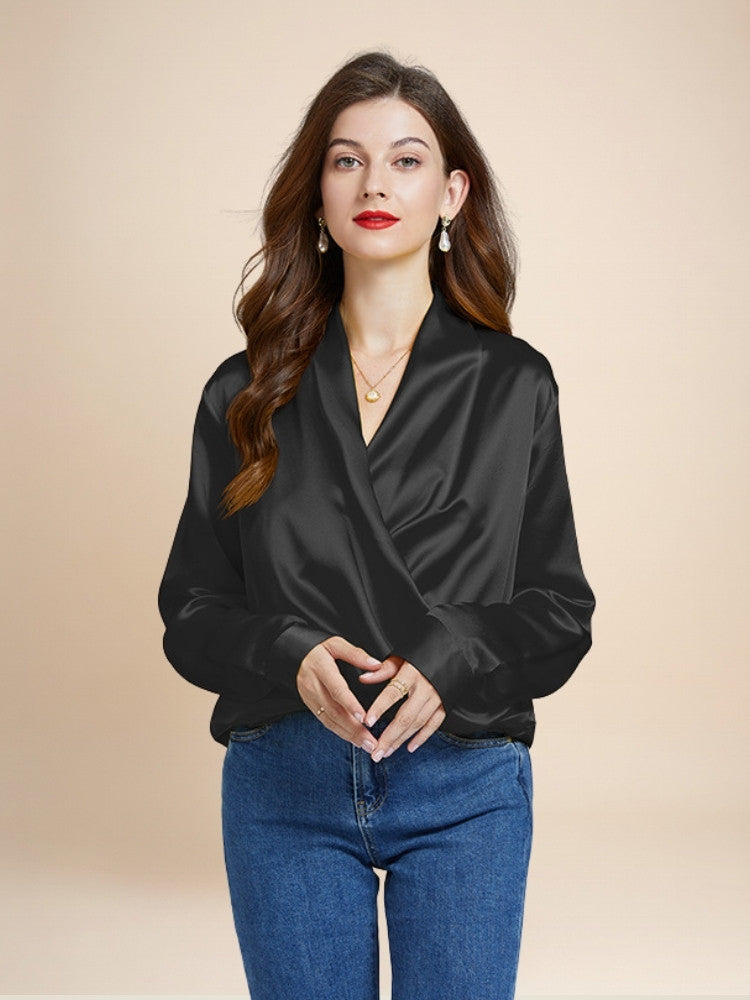 Hespera - Black Wrap V-Neck Silk Blouse | The Silk Avenue