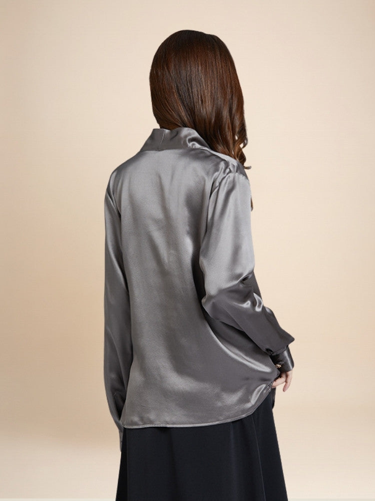 Hespera - Gray Wrap V-Neck Silk Blouse | The Silk Avenue