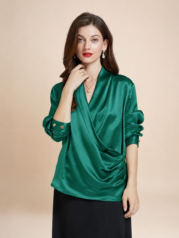 Hespera - Green Wrap V-Neck Silk Blouse | The Silk Avenue