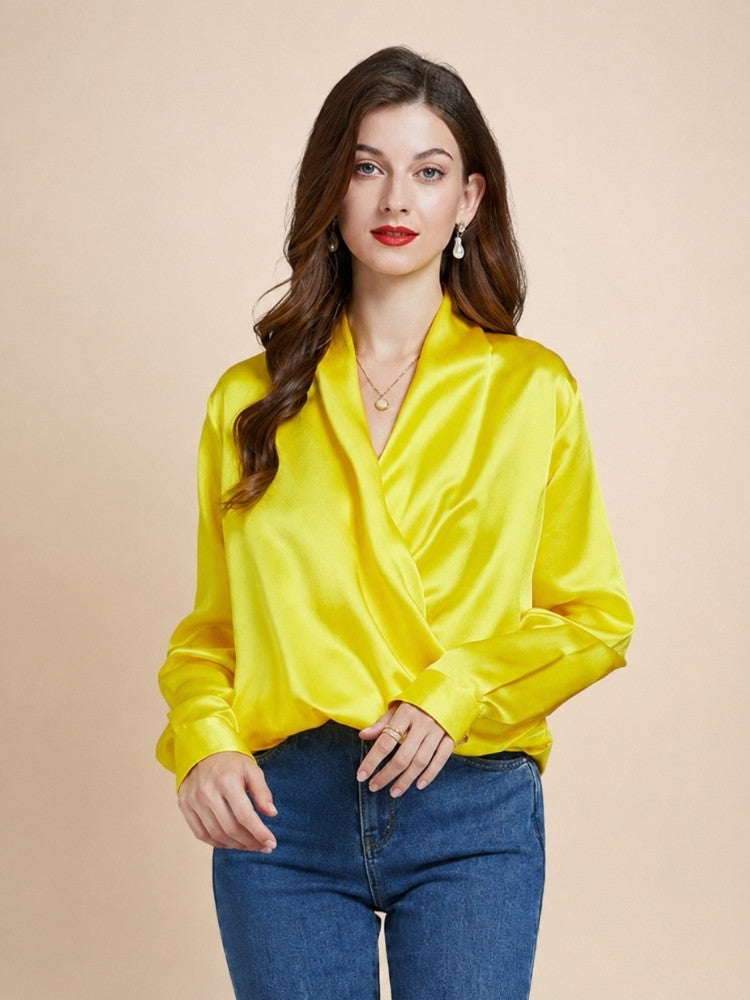Hespera - Yellow Wrap V-Neck Silk Blouse | The Silk Avenue