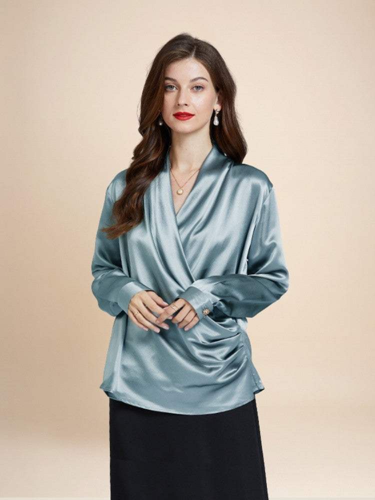 Hespera - Silver Blue Wrap V-Neck Silk Blouse | The Silk Avenue