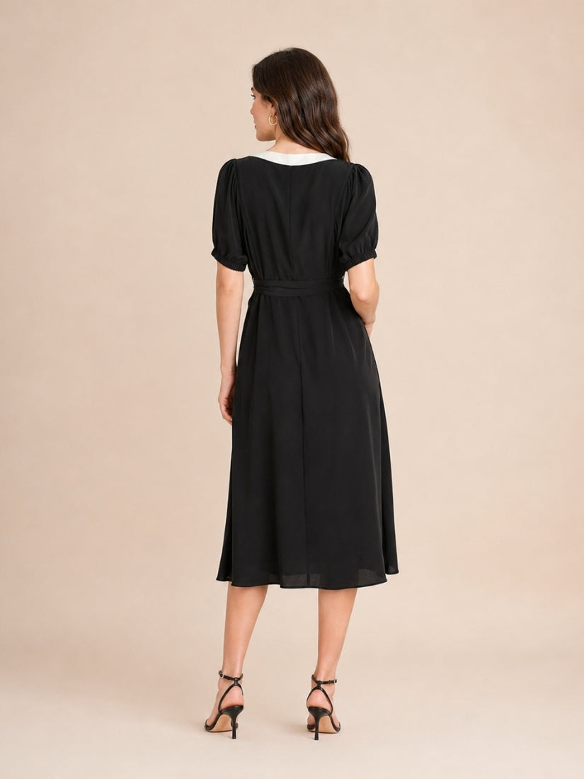Illyria - Contrast V-Neck Silk Midi Dress Black | The Silk Avenue