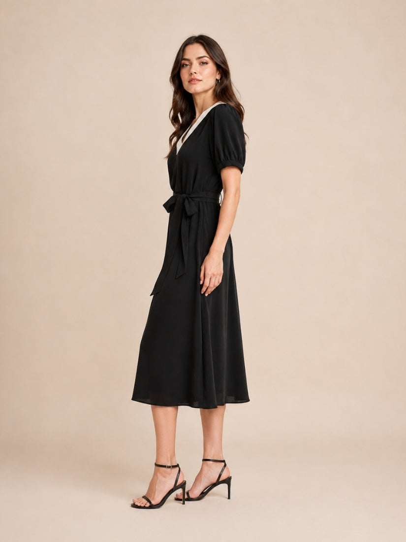 Illyria - Contrast V-Neck Silk Midi Dress Black | The Silk Avenue