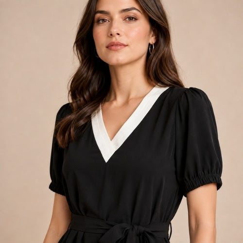 Illyria - Contrast V-Neck Silk Midi Dress | The Silk Avenue