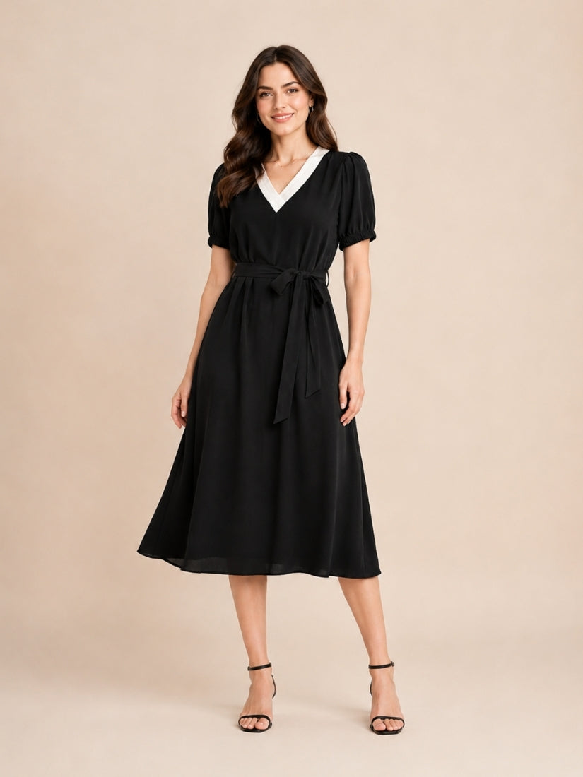 Illyria - Contrast V-Neck Silk Midi Dress Black | The Silk Avenue