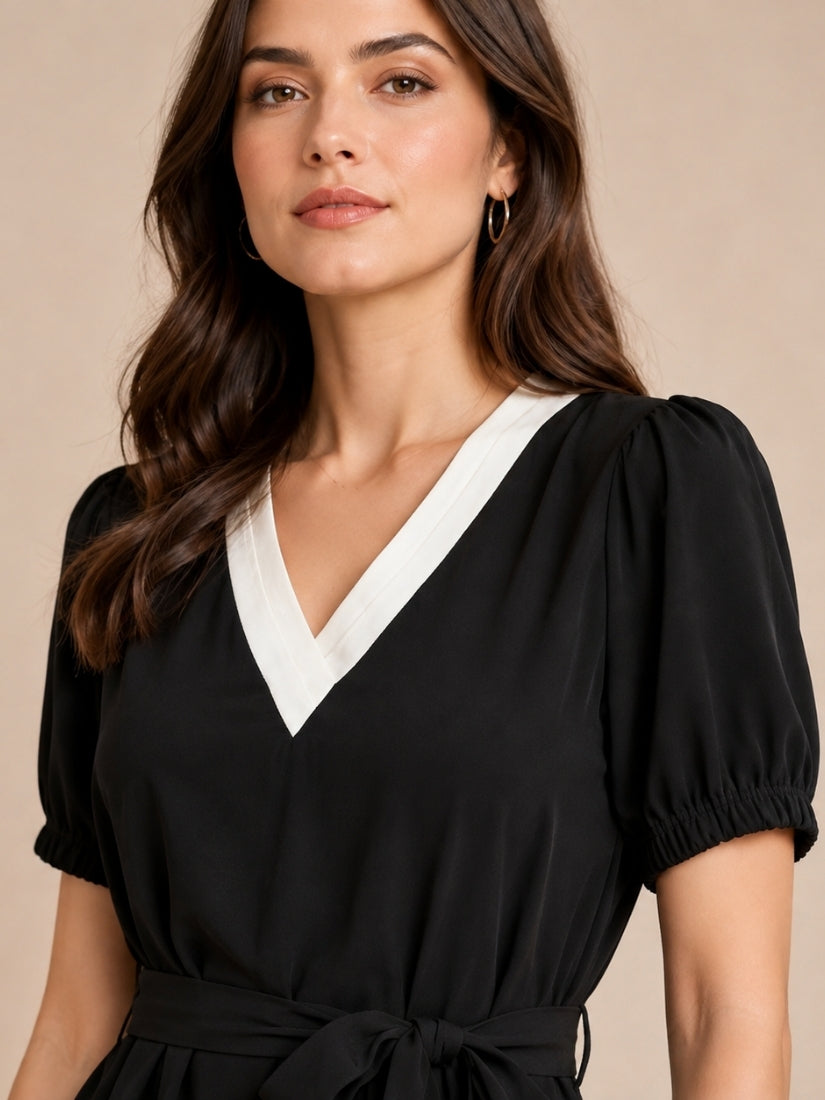 Illyria - Contrast V-Neck Silk Midi Dress Black | The Silk Avenue