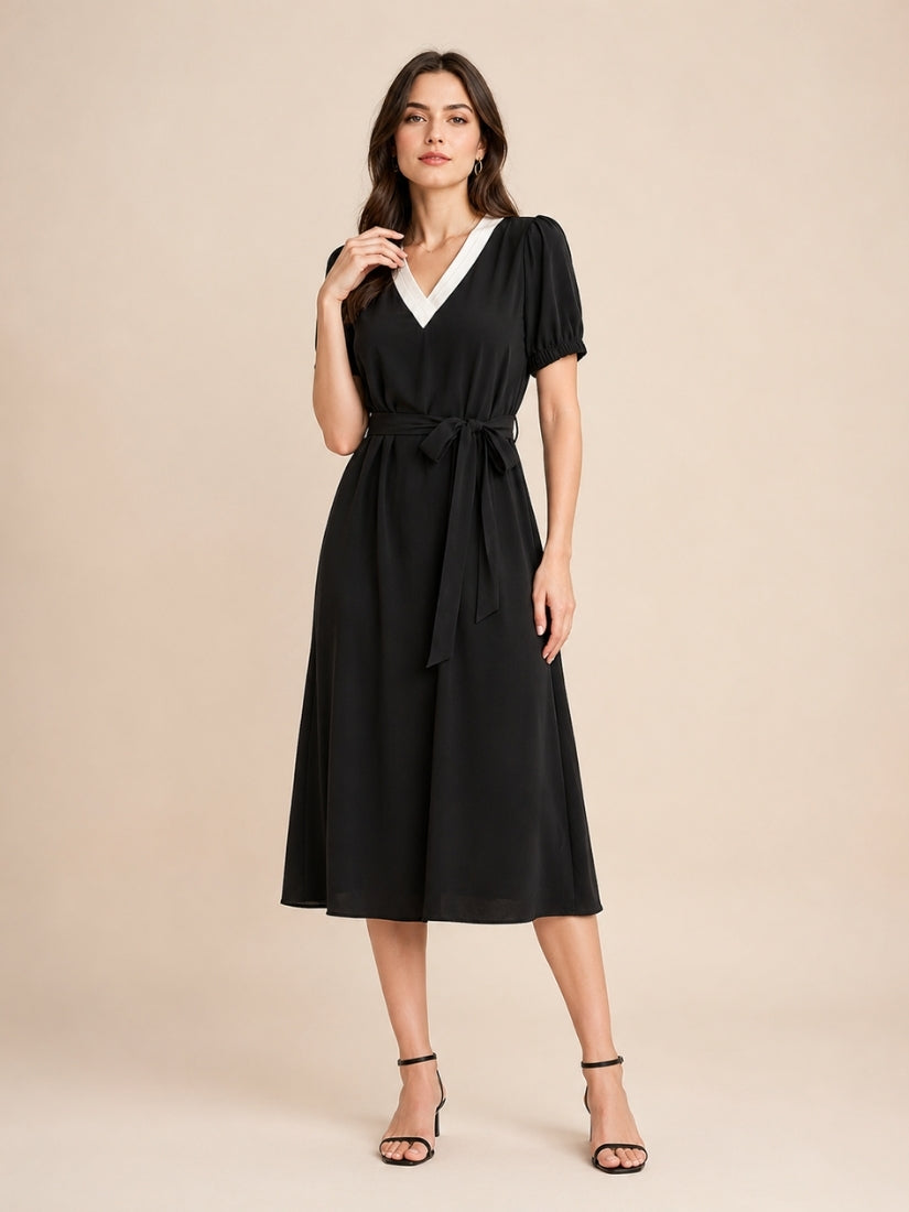 Illyria - Contrast V-Neck Silk Midi Dress Black | The Silk Avenue