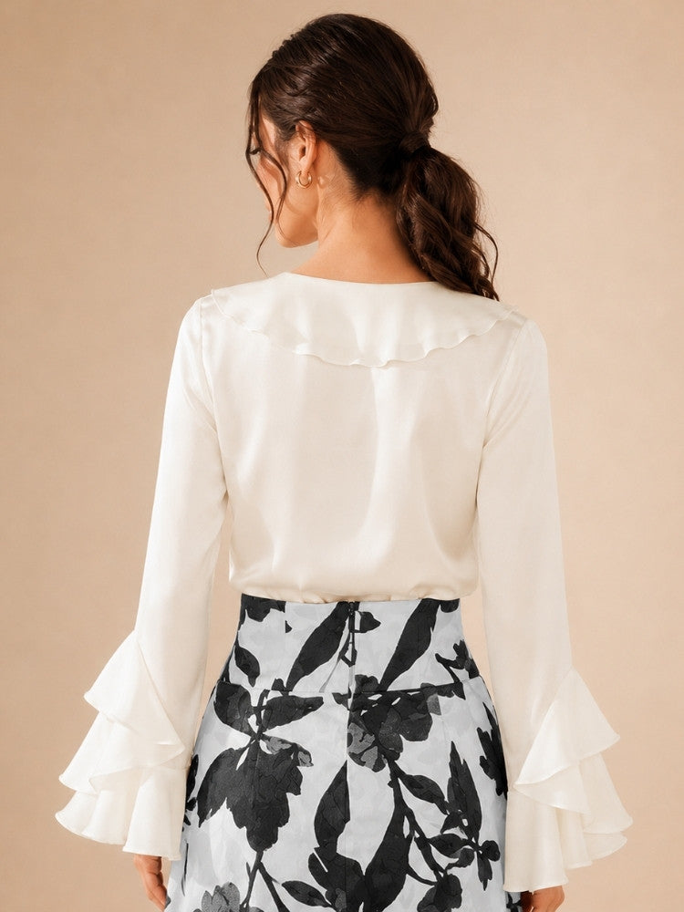 Indalya - White Cascade Ruffle Silk Blouse | The Silk Avenue