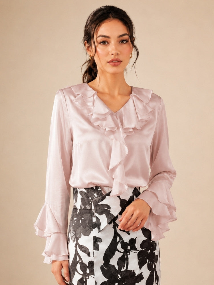 Indalya - Blush Pink Cascade Ruffle Silk Blouse | The Silk Avenue
