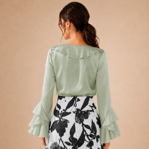 Indalya - Sage Green Cascade Ruffle Silk Blouse | The Silk Avenue