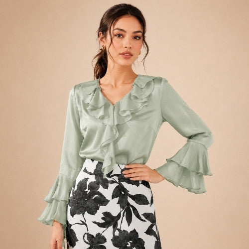 Indalya - Sage Green Cascade Ruffle Silk Blouse | The Silk Avenue