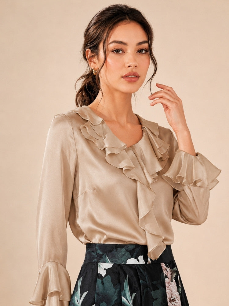 Indalya - Champagne Cascade Ruffle Silk Blouse | The Silk Avenue