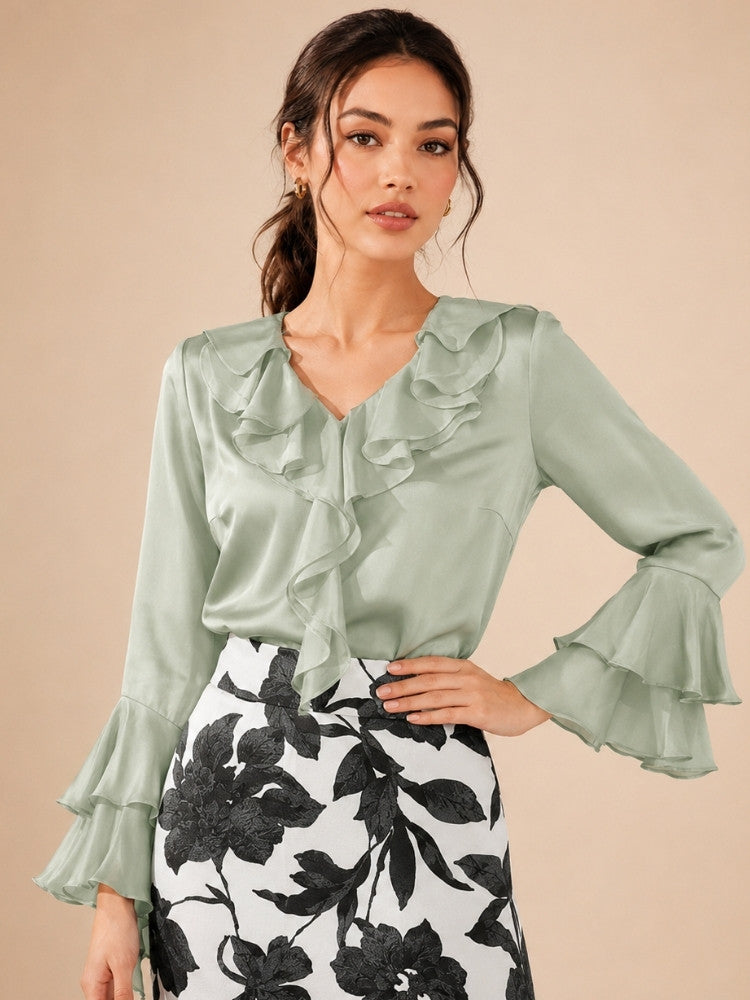 Indalya - Sage Green Cascade Ruffle Silk Blouse | The Silk Avenue