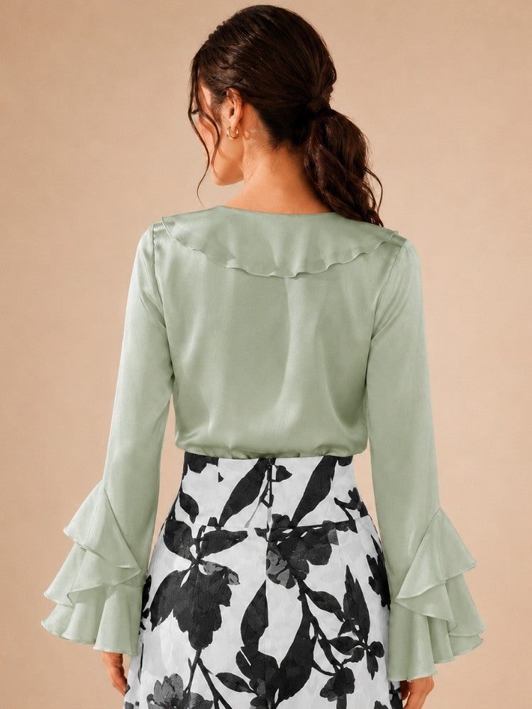 Indalya - Sage Green Cascade Ruffle Silk Blouse | The Silk Avenue