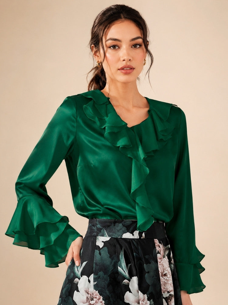 Indalya - Green Cascade Ruffle Silk Blouse | The Silk Avenue