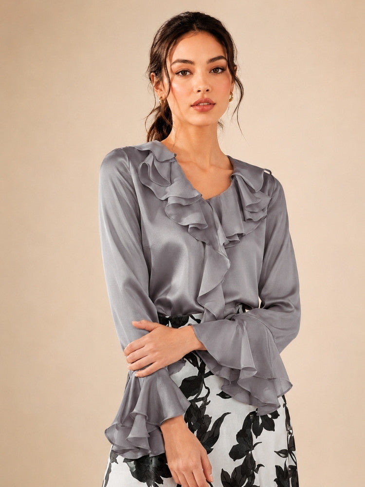 Indalya - Green Cascade Ruffle Silk Blouse | The Silk Avenue