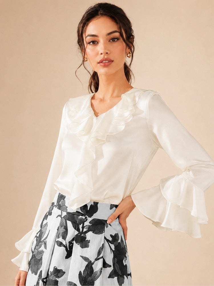 Indalya - White Cascade Ruffle Silk Blouse | The Silk Avenue