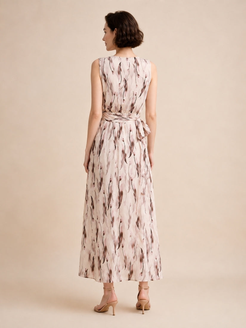Ivory - Ink Leaf Print Silk Midi Dress Light Brown | The Silk Avenue