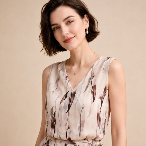 Ivory - Ink Leaf Print Silk Midi Dress Light Brown | The Silk Avenue