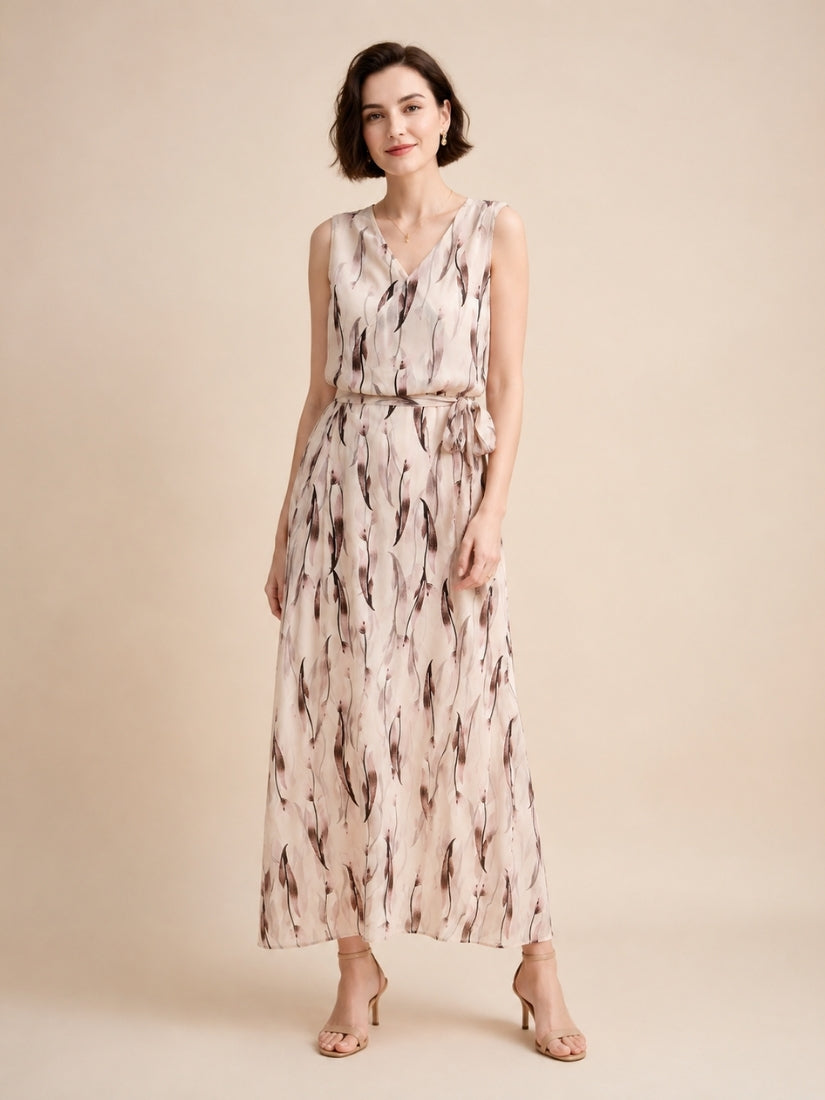 Ivory - Ink Leaf Print Silk Midi Dress Light Brown | The Silk Avenue