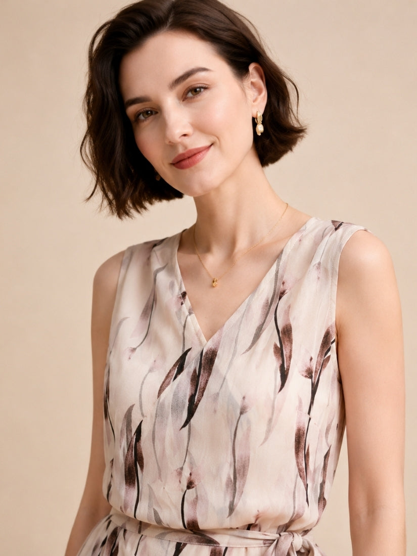 Ivory - Ink Leaf Print Silk Midi Dress Light Brown | The Silk Avenue