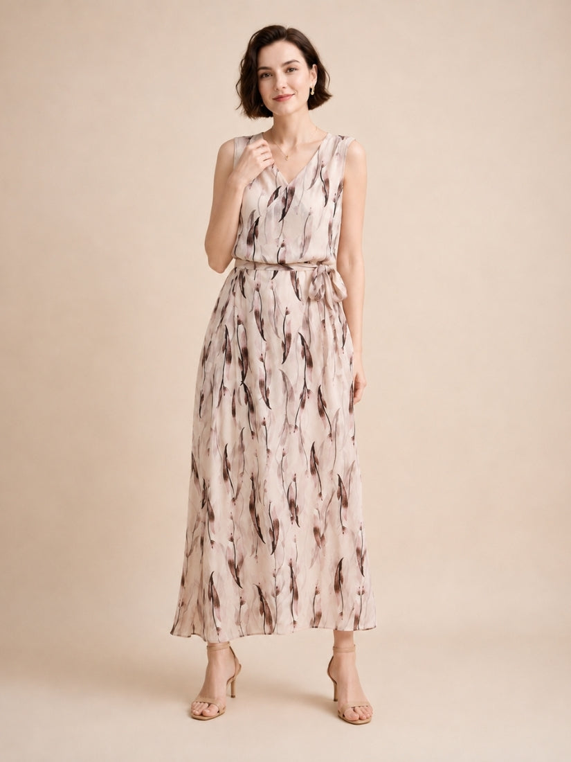 Ivory - Ink Leaf Print Silk Midi Dress Light Brown | The Silk Avenue