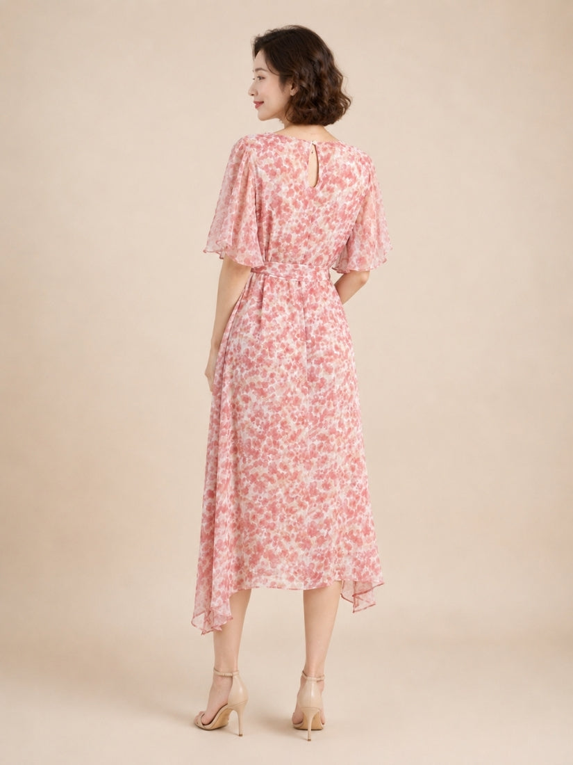 Jane - Floral Flutter-Sleeve Silk Dress Blush Pink | The Silk Avenue