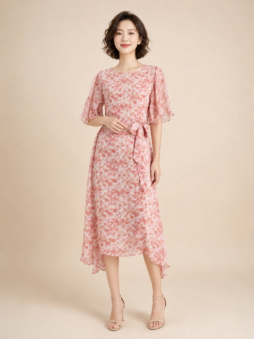 Jane - Floral Flutter-Sleeve Silk Dress Blush Pink | The Silk Avenue
