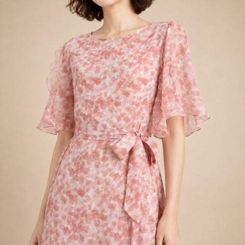 Jane - Floral Flutter-Sleeve Silk Dress Blush Pink | The Silk Avenue