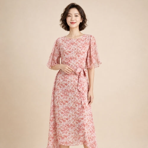 Jane - Floral Flutter-Sleeve Silk Dress Blush Pink | The Silk Avenue