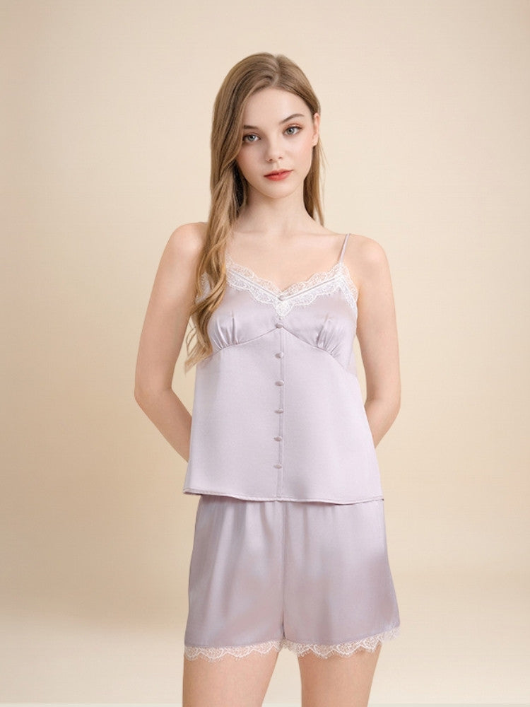 Jasirae - V-Neck Silk Camisole & Shorts Set
