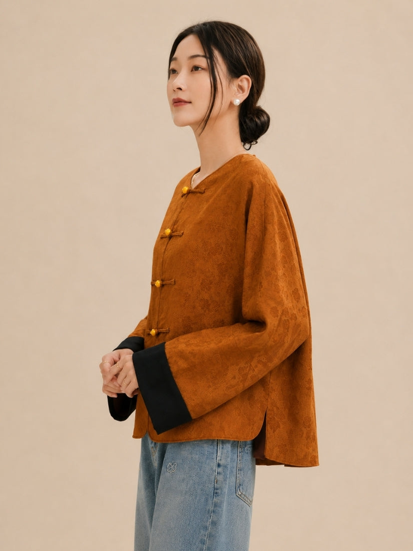 Jasmine - Terracotta Toggle Button Silk Jacket | The Silk Avenue