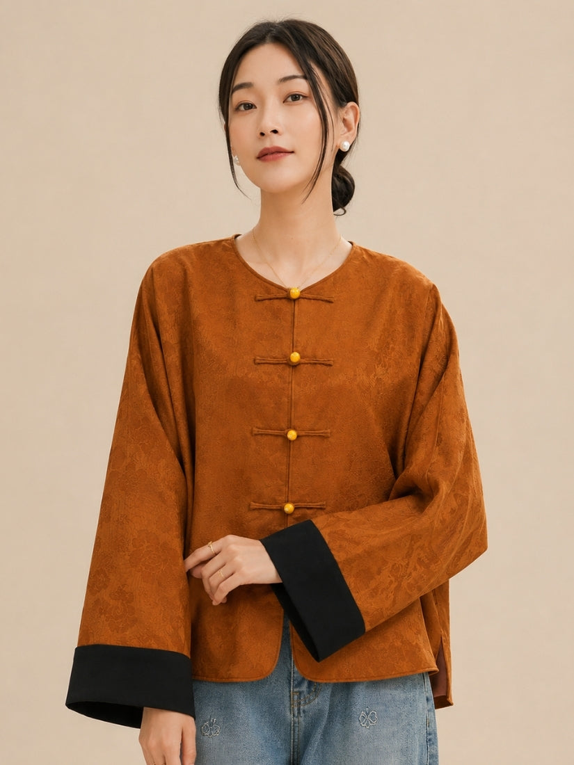 Jasmine - Terracotta Toggle Button Silk Jacket | The Silk Avenue