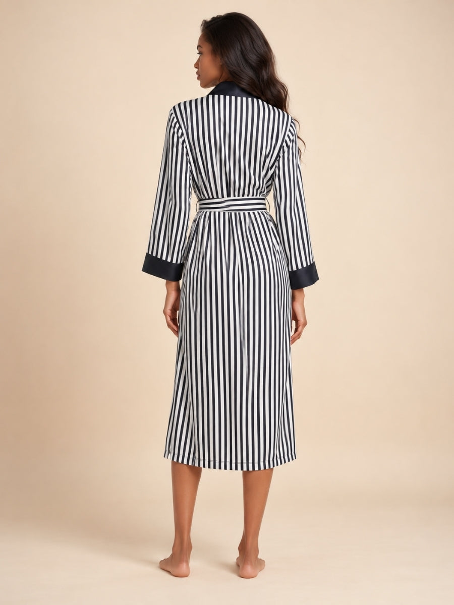 Jenassa - Black Silk Striped Contrast Trim Robe | The Silk Avenue