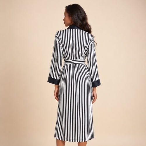 Jenassa - Black Silk Striped Contrast Trim Robe | The Silk Avenue