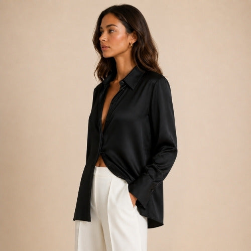 Jiliane - Black Oversized Silk Shirt | The Silk Avenue