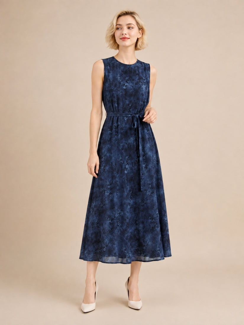 Joy - Ink Wash Print Silk Midi Dress Navy | The Silk Avenue