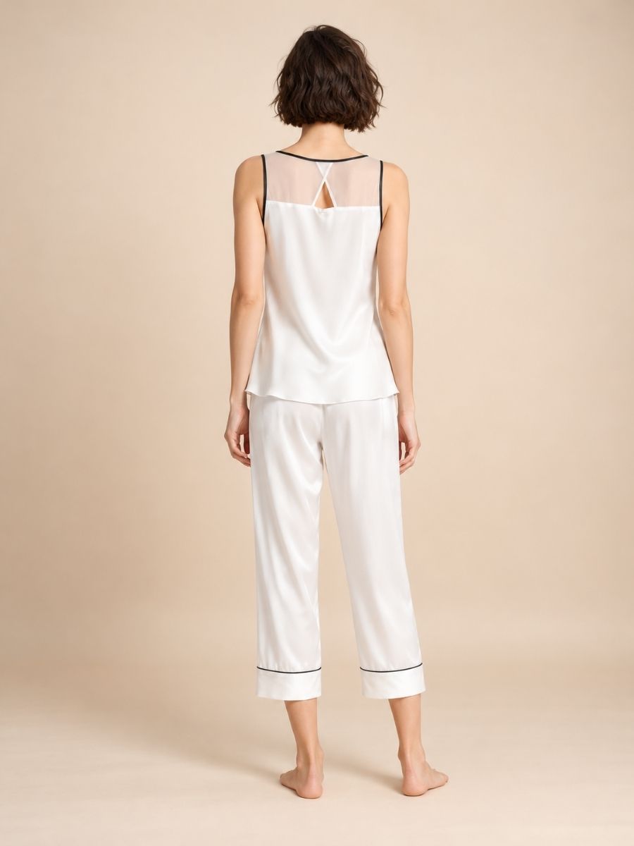 Kalinde - White Lace-Trim Silk Camisole & Wide-Leg Pants Set | The Silk Avenue