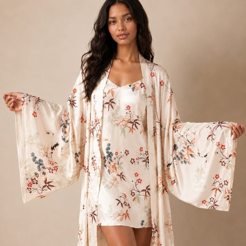 Lana - Ivory Floral Silk Robe & Camisole Set | The Silk Avenue