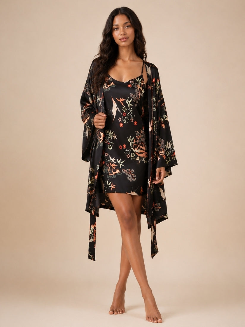 Lana - Black Floral Silk Robe & Camisole Set | The Silk Avenue