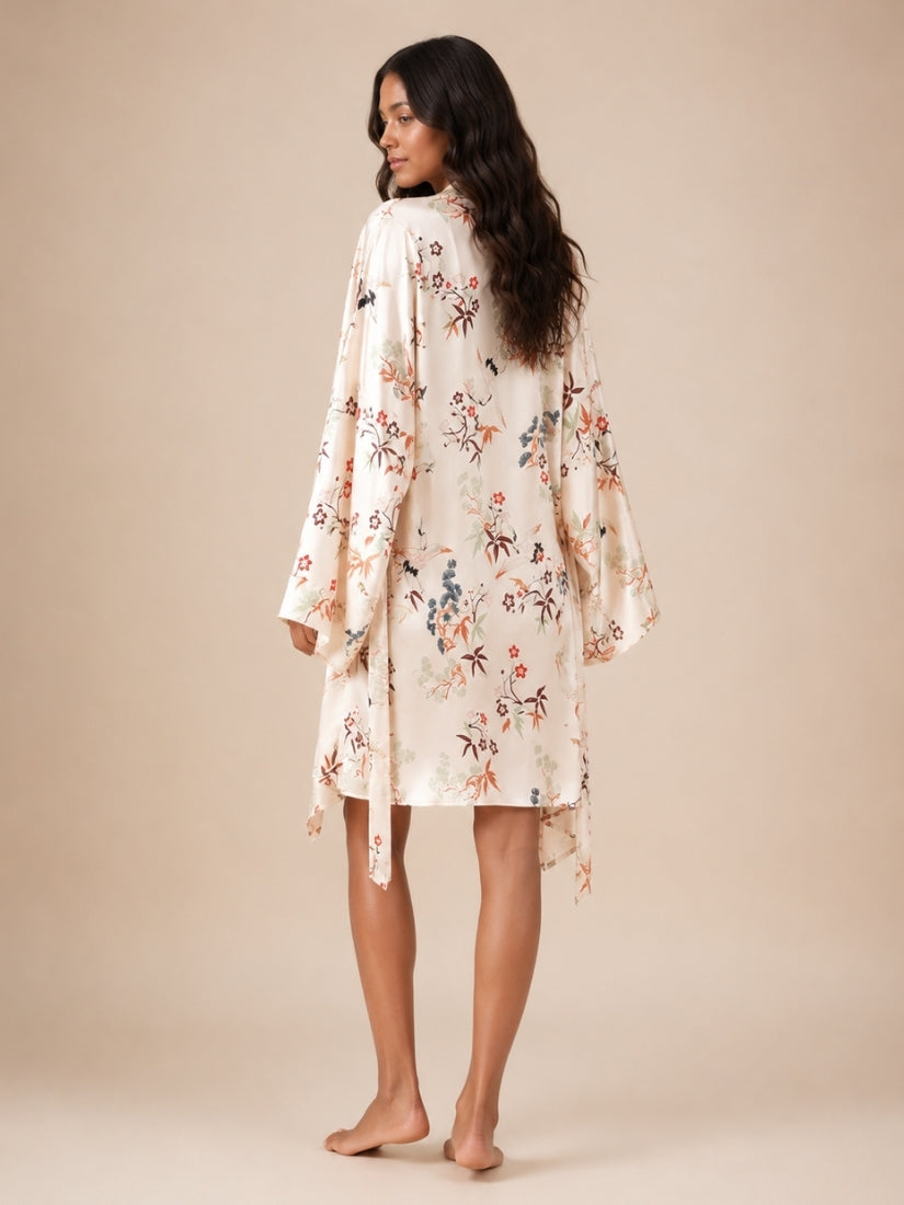 Lana - Ivory Floral Silk Robe & Camisole Set | The Silk Avenue