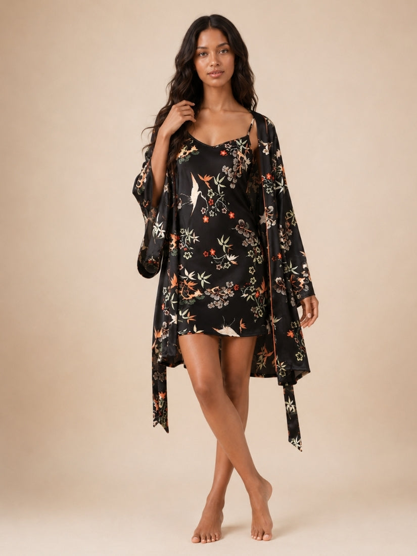 Lana - Black Floral Silk Robe & Camisole Set | The Silk Avenue