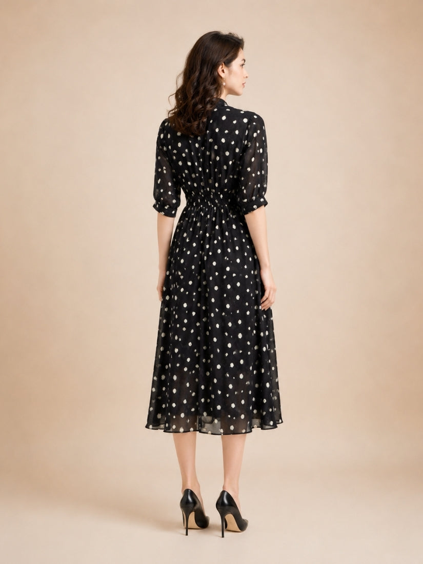 Lara - Polka Dot V-Neck Silk Midi Dress Black | The Silk Avenue