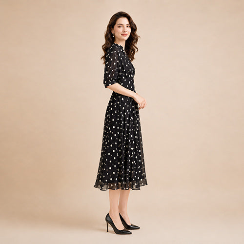Lara - Polka Dot V-Neck Silk Midi Dress Black | The Silk Avenue