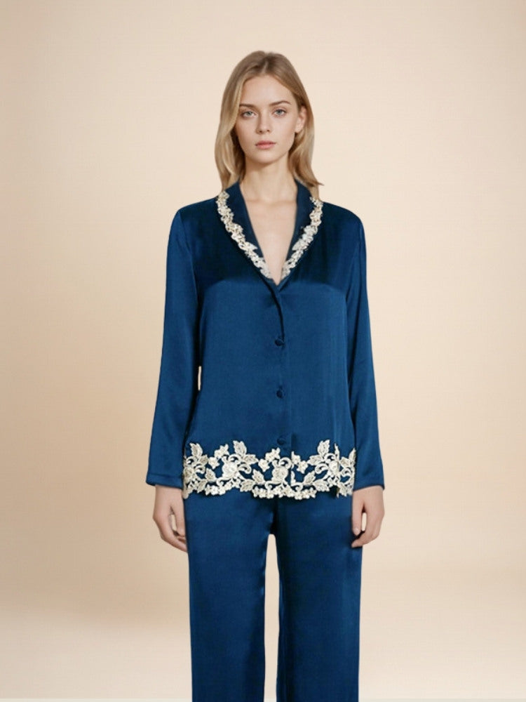 Loranna Long Sleeve Botanical Lace Silk Pajama Set | The Silk Avenue
