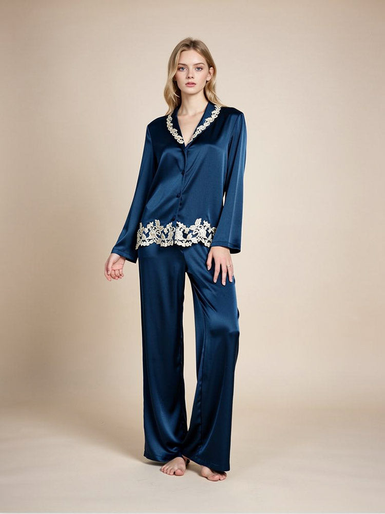 Loranna Long Sleeve Botanical Lace Silk Pajama Set | The Silk Avenue