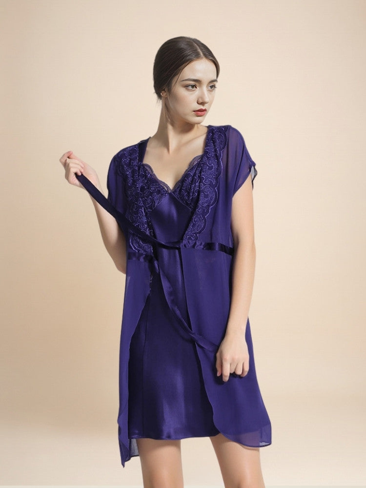 Lysavine - Lace V-Neck Silk Robe Set | The Silk Avenue